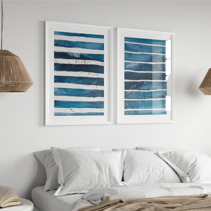 Sea Blue Wave Art 2 | Abstract Lines Painting  - Framed