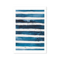 A framed abstract line art print featuring indigo blue watercolor stripes on a white background, resembling ocean waves.
