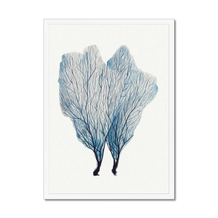 A framed watercolour painting of a blue sea fan coral, with a simple white border and a white frame.