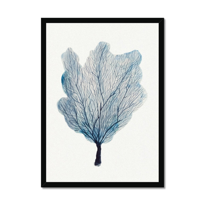 Framed artwork of a blue coral art print on a beige wall.