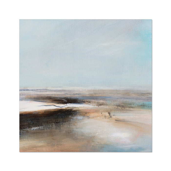 A beach painting featuring gentle coastal landscapes with soft blue and brown hues, capturing the serene and powerful elements of the sea.