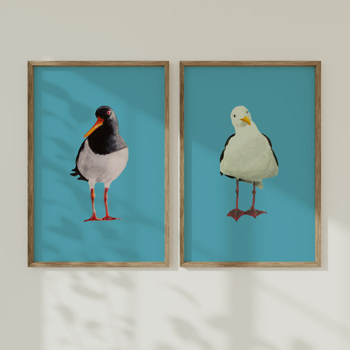 set of two sea bird paintings framed on wall