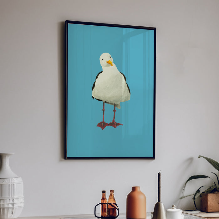 Framed seagull bird art print on a blue background in living rom