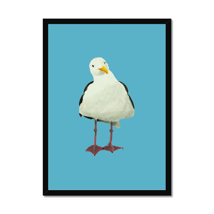 Framed seagull bird art print on a blue background with black frame
