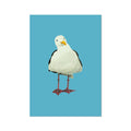 A painting of a seagull with a blue background.