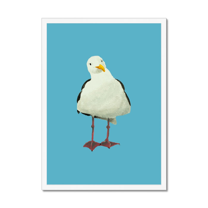 Framed seagull bird art print on a blue background