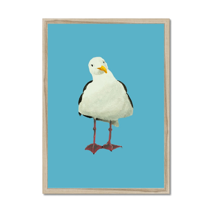 Framed seagull bird art print on a blue background