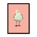 Painted seagull art print on a coral pink background, coastal bird wall art framed with black frame.