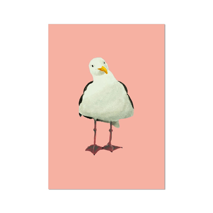 Painted seagull art print on a coral pink background, coastal bird wall art
