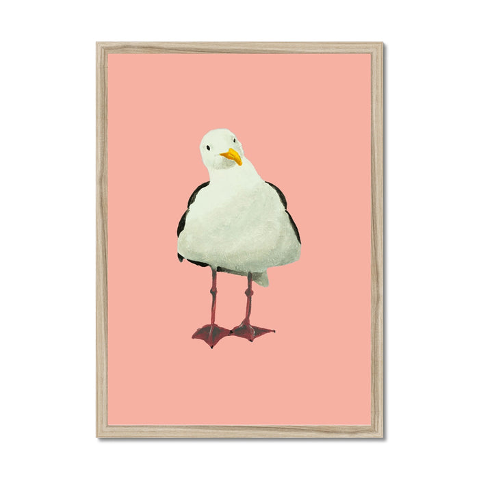 Framed artwork of a bird on a pink background
