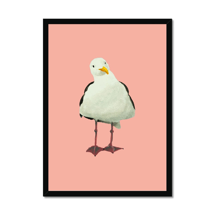 Painted seagull art print on a coral pink background, coastal bird wall art framed with black frame.