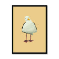 Seagull coastal bird art print with painterly seagull illustration on a yellow sand background, framed wall art