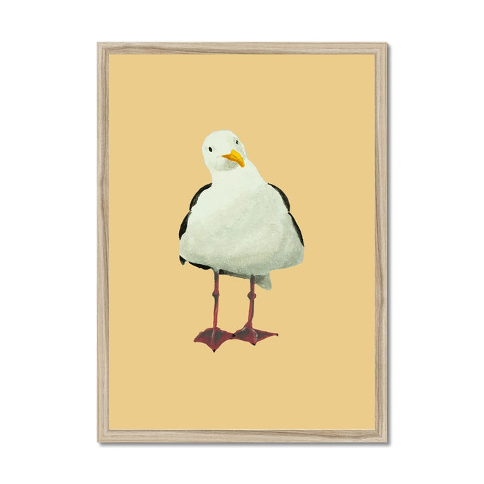 Framed artwork of a white bird with black wings on a beige background