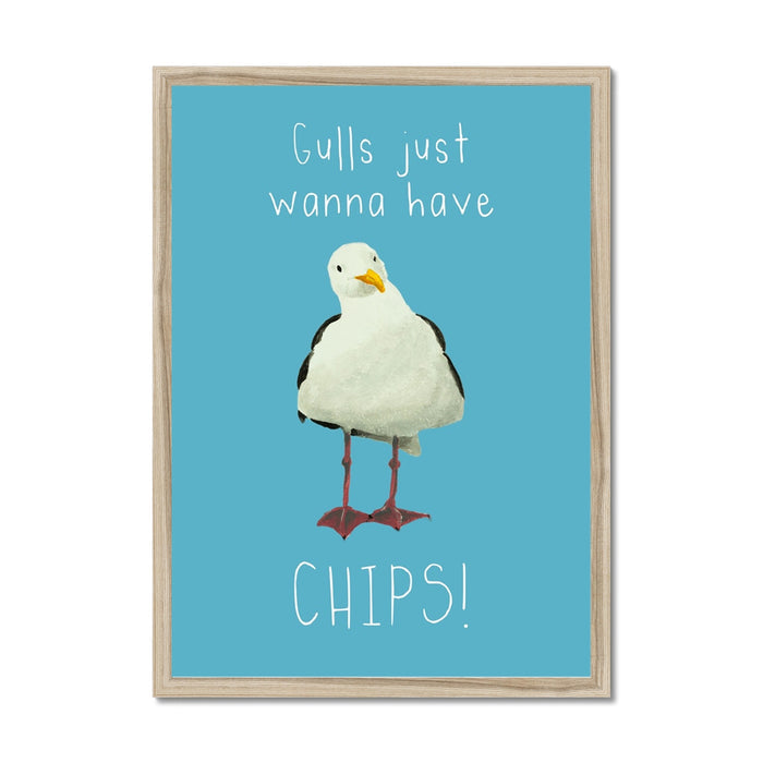 Framed art print of a seagull with the text 'Gulls just wanna have chips!' on a blue background.
