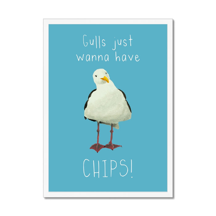 Seagull art print featuring a painted seagull on a blue background with the quote “Gulls just wanna have chips”, framed in a white frame.