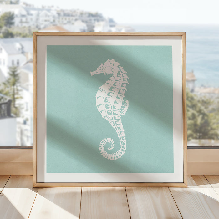 Seahorse Print | Graphic Seahorse Art Print | Aqua Blue - Framed