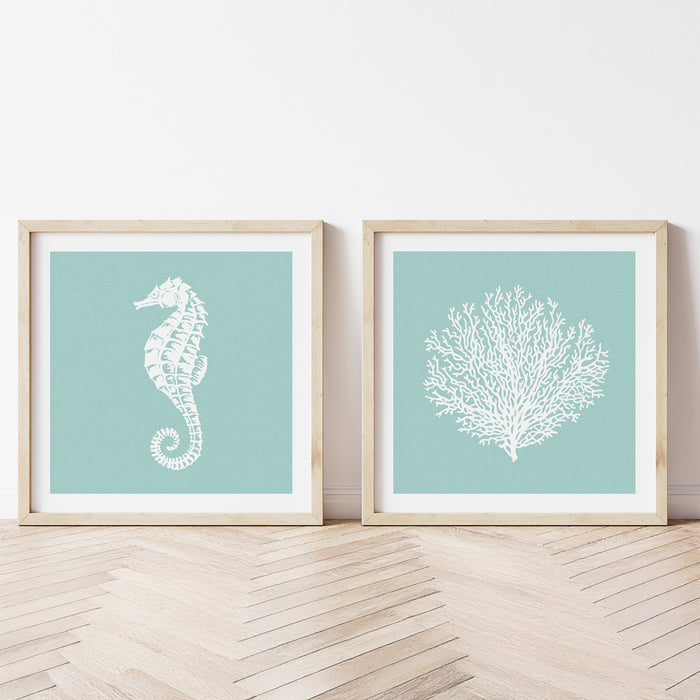 Seahorse Print | Graphic Seahorse Art Print | Aqua Blue - Framed
