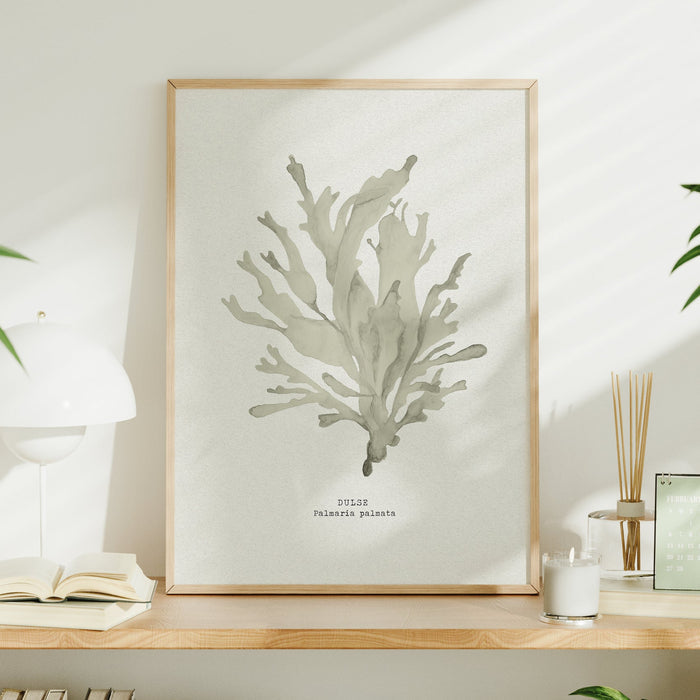 Framed artwork of a seaweed painting on a wooden shelf with books and plants.
