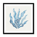 Framed artwork of blue abstract seaweed design on a white background. Seaweed painting with layered blue brushstrokes on a neutral background, contemporary coastal wall art