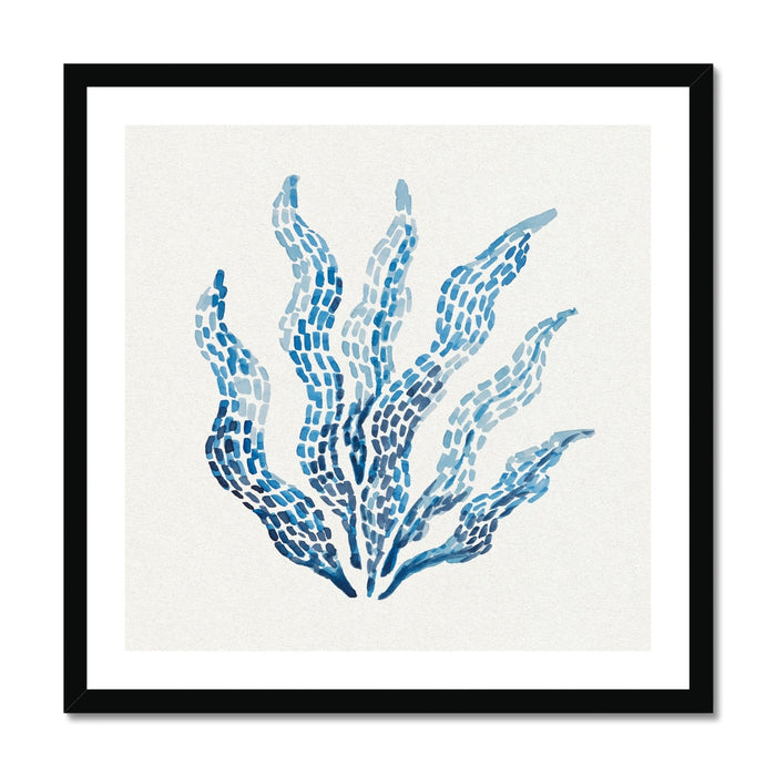 Framed artwork of blue abstract seaweed design on a white background. Seaweed painting with layered blue brushstrokes on a neutral background, contemporary coastal wall art
