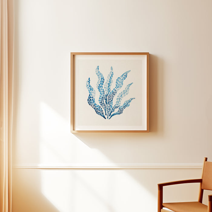 Seaweed wall art print with layered blue brushstrokes on a neutral background, contemporary coastal wall art, framed with natural wood frame