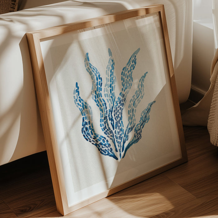 Seaweed painting with layered blue brushstrokes on a neutral background, contemporary coastal wall art