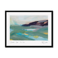 A framed abstract landscape painting of Sennen Cove in Cornwall, featuring teal, green, blue, and dark purple brushstrokes on a white mat with a black frame.
