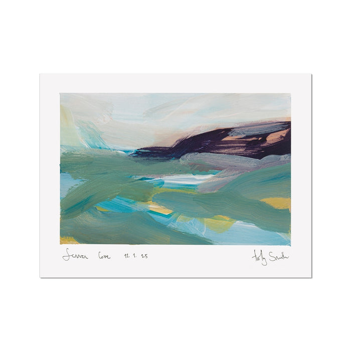 An abstract landscape painting print on a white paper mount, featuring textured brushstrokes of teal, green, blue, yellow, and dark brown. Signed and dated by artist Holly Smith