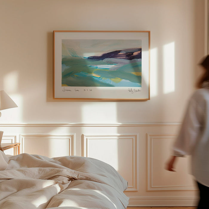A framed abstract landscape painting of Sennen Cove in Cornwall, featuring teal, green, blue, and dark purple brushstrokes on a white mat with a black frame.