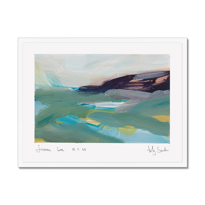 A framed abstract landscape painting of Sennen Cove in Cornwall, featuring teal, green, blue, and dark purple brushstrokes on a white mat with a black frame.