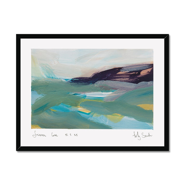 A framed abstract landscape painting of Sennen Cove in Cornwall, featuring teal, green, blue, and dark purple brushstrokes on a white mat with a black frame.