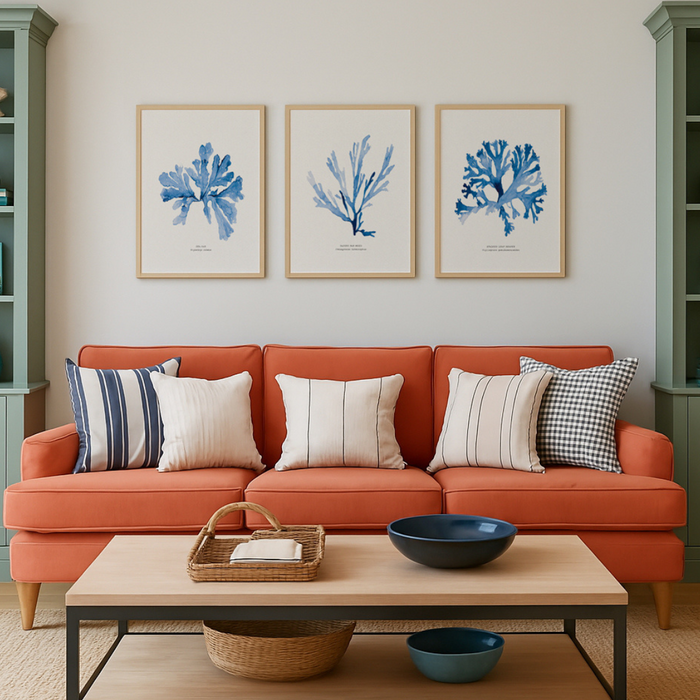 Set of three indigo seaweed prints displayed above a sofa in a coastal living room