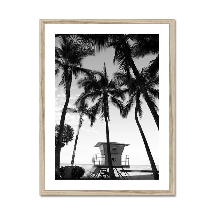 black & white beach art photograph of a life savers cabin in a palm tree grove in a natural frame - beach house art