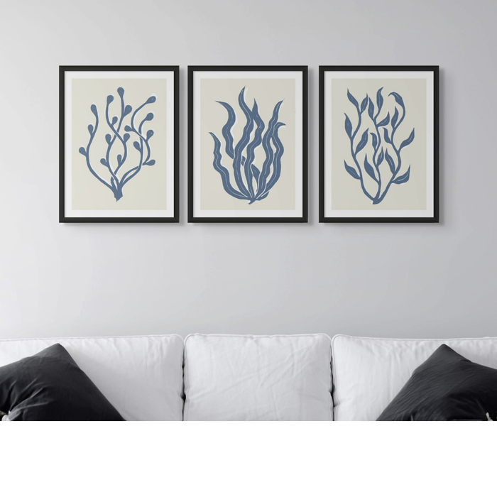 Set of Three abstract indigo Lino Cut seaweed prints - Framed