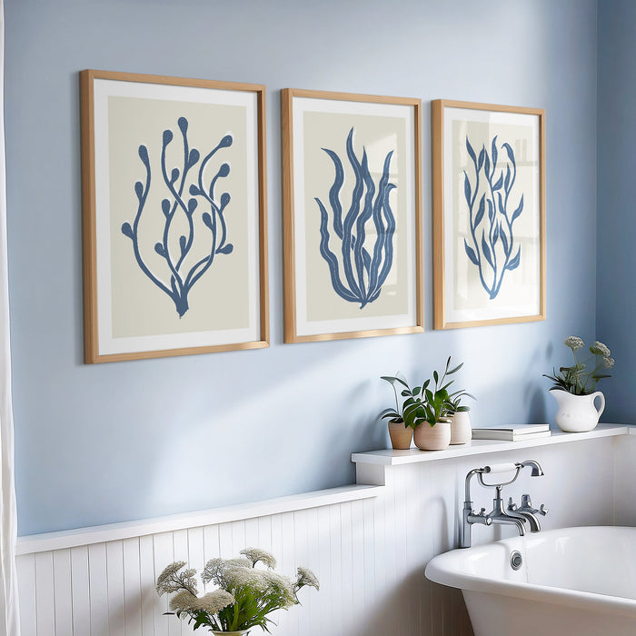Set of Three abstract indigo Lino Cut seaweed prints - Framed