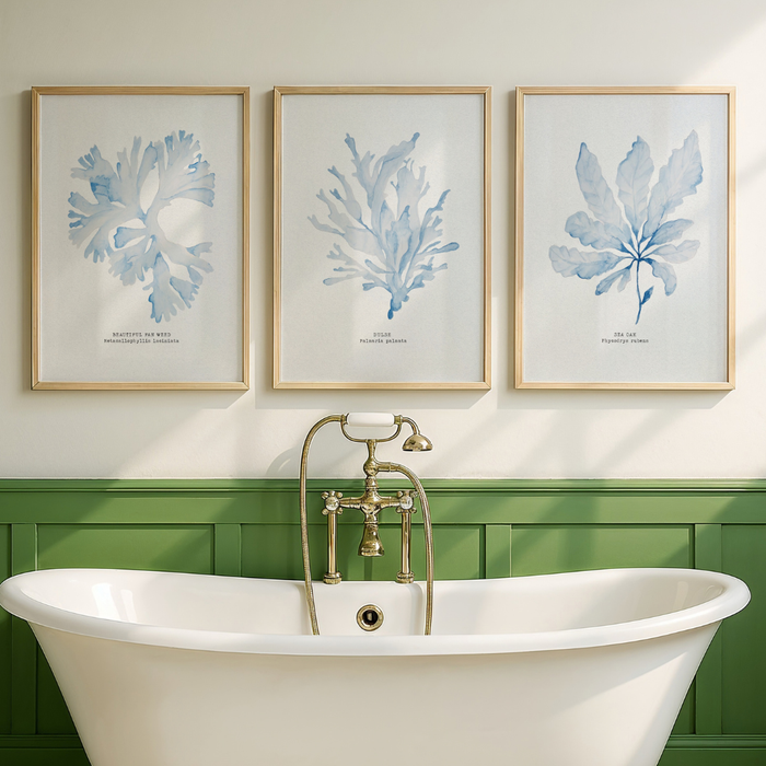 Set of three blue seaweed art prints in bathroom with a freestanding bathtub, brass faucet, and framed leaf prints on the wall.