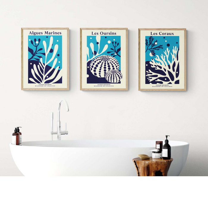 A set of three framed graphic art prints featuring coral and seaweed designs in a coastal art style, displayed above a bathroom sink.