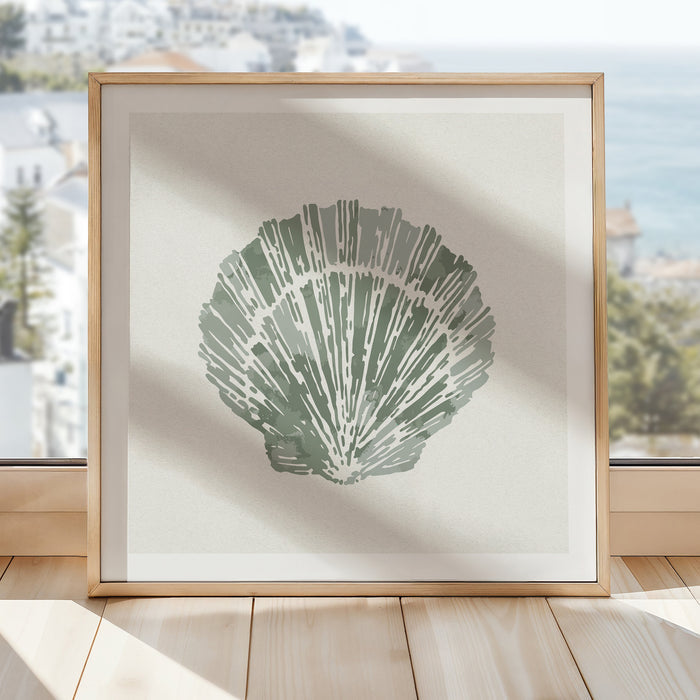 Sage green scallop shell art print in natural wood frame styled in a bright coastal interior