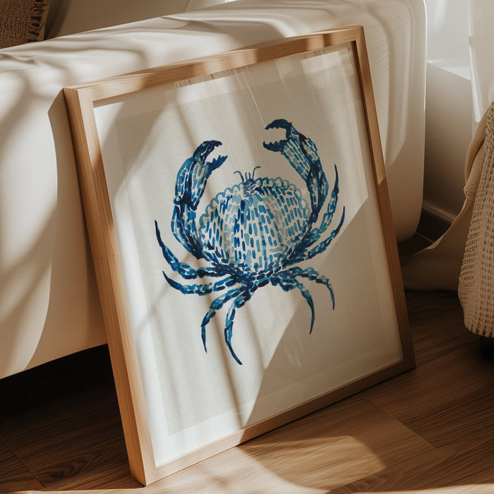 Blue crab watercolour art print in shades of indigo blue by Beach House Art