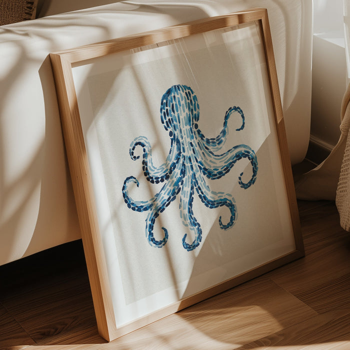 Octopus art print in living room. coastal art print in living room