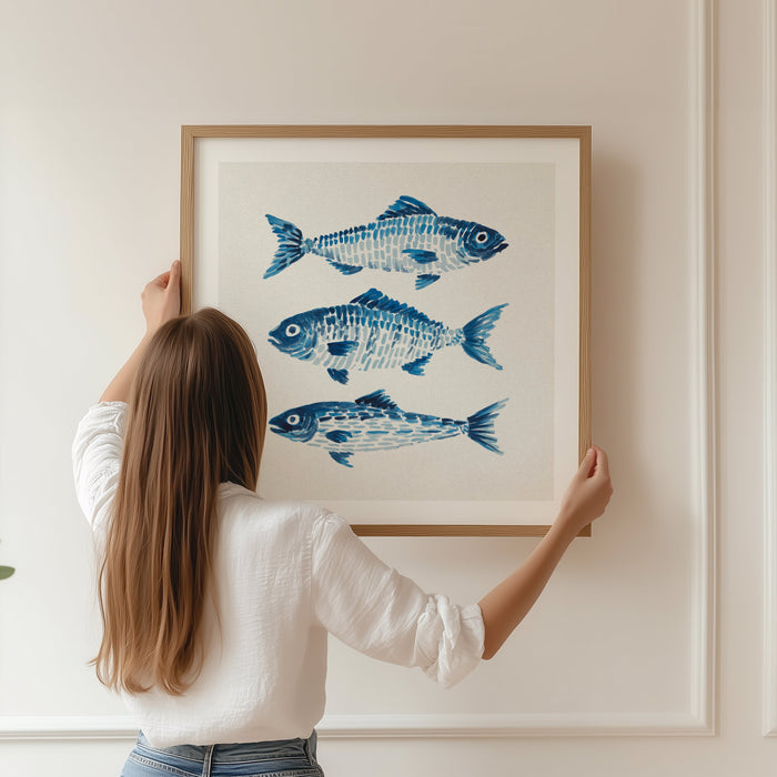 Framed fish painting on wall in living room