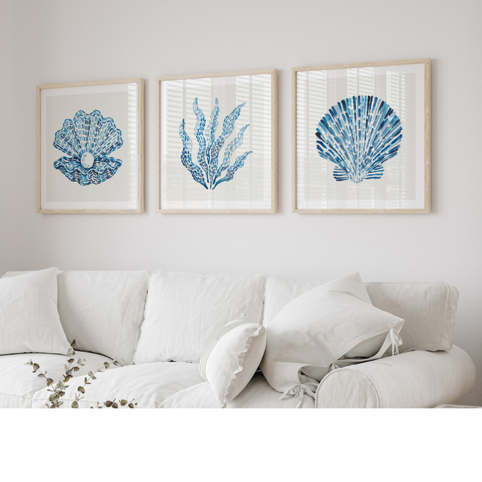 Three framed blue seashell and coral prints hanging above a white sofa in a bright living room.