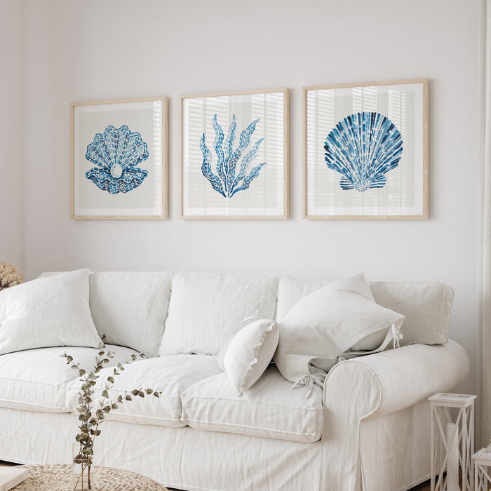 A set of three shell art prints in coastal living room