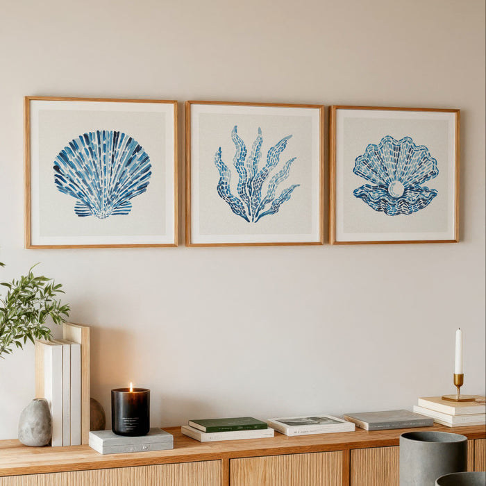 Set of three sealife coastal art prints in living room