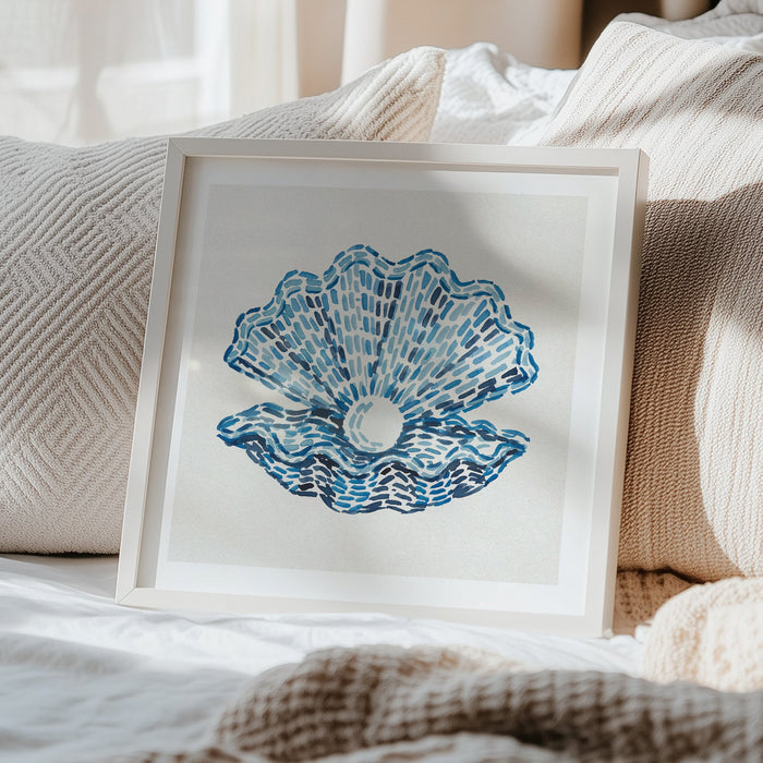 Clam shell art print in layered blue tones by Beach House Art in bedroom