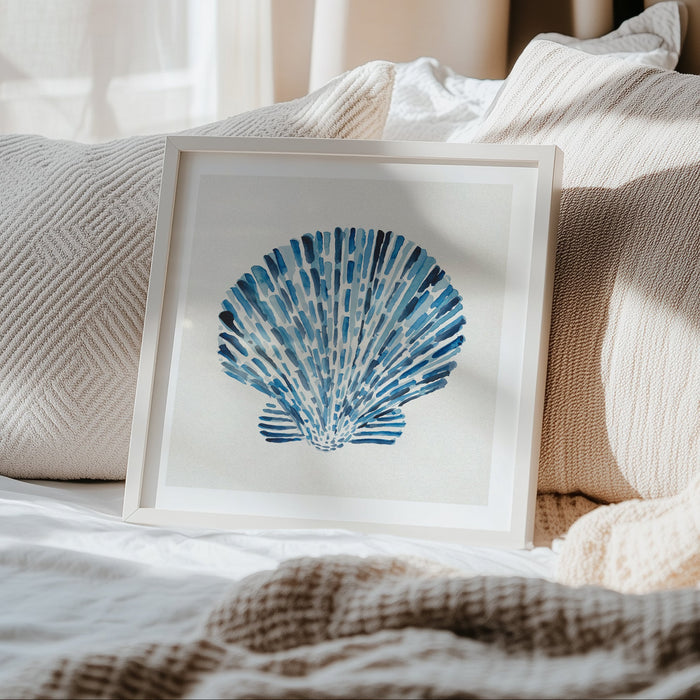 Scallop shell wall art print with layered blue watercolour brushstrokes on a neutral background, contemporary coastal wall art in bedroom.