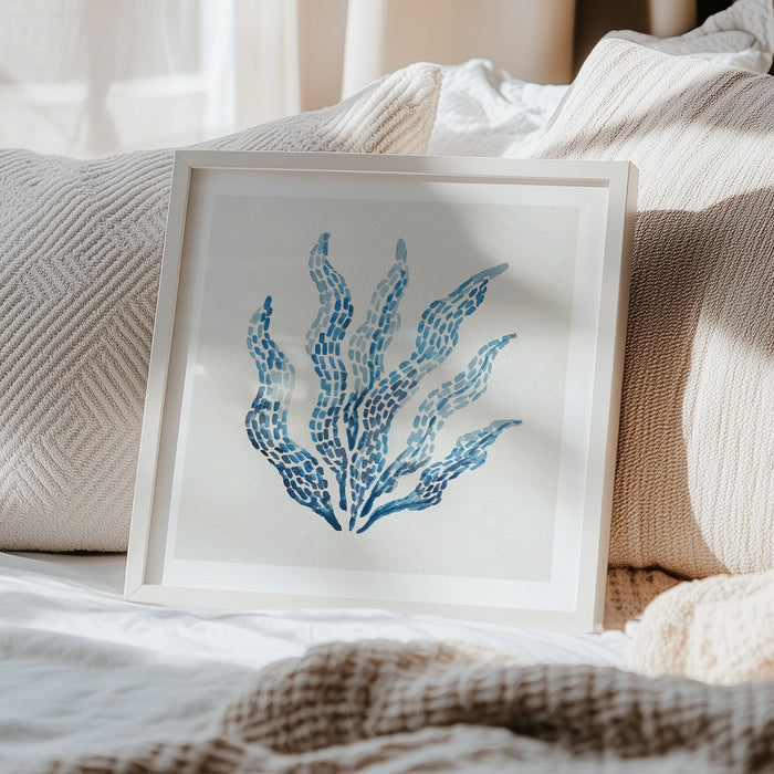Seaweed art print with layered blue brushstrokes on a neutral background, contemporary coastal wall art