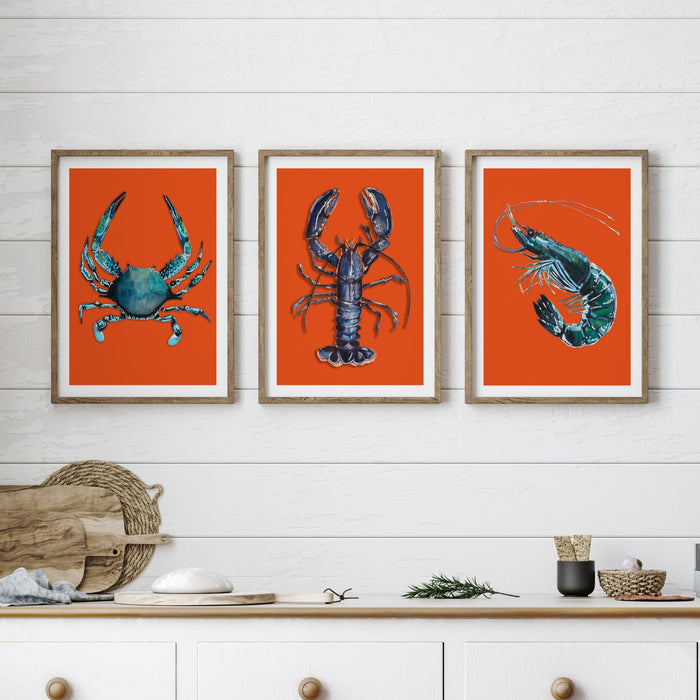 A set of three framed kitchen art prints featuring colourful illustrations of shellfish on a red background, displayed on a wall in kitchen.