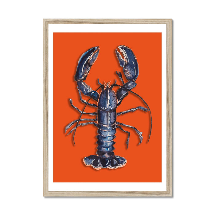 Framed artwork of a blue lobster on an orange background.
