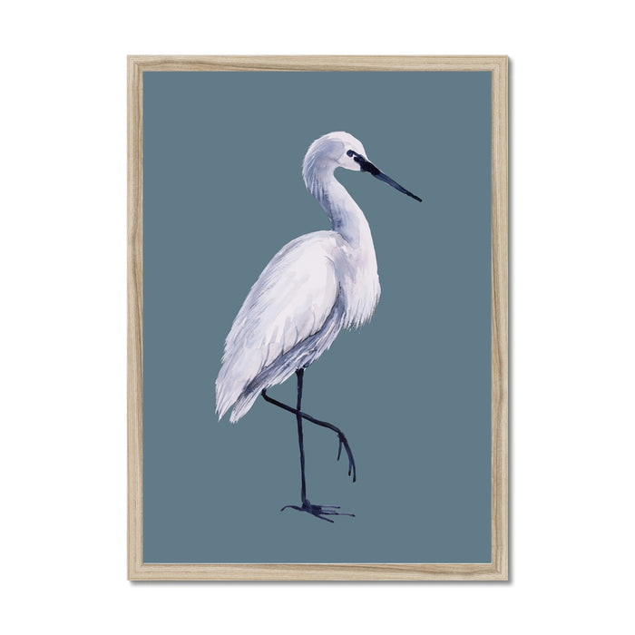 Framed artwork of a white heron bird on a blue background
